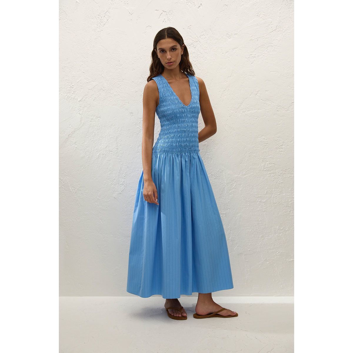 Faithfull The Brand Palomar Midi Dress - Mico Pinstripe Azul - Image 2 of 4