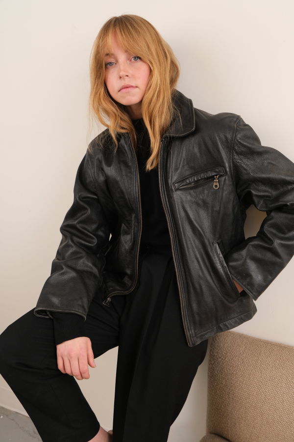 Hermine Vintage 90s Raven Leather Zip Front Jacket - Black