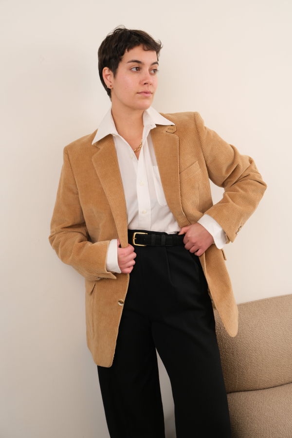 Hermine Vintage Biscotti Corduroy Suede Elbow Patch Blazer - Beige