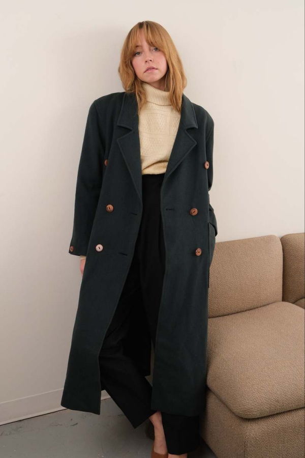 Hermine Vintage Irish Juniper Wool Lambswool and Cashmere Double-Breasted Coat - Green