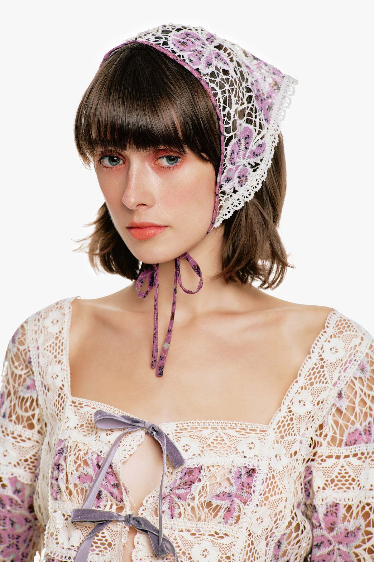 Anna Sui Medallion Floral Lace Headscarf - Mauve/Cream - Image 4 of 6