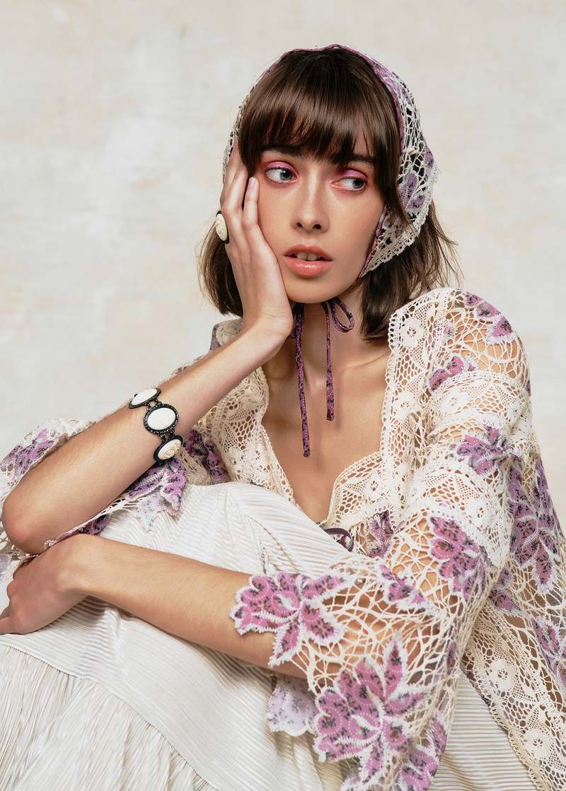 Anna Sui Medallion Floral Lace Headscarf - Mauve/Cream