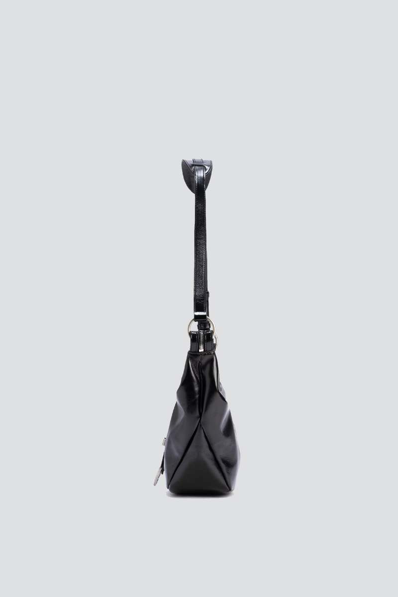 Marge Sherwood Black Glossy Plain Belted Medium Hobo Bag