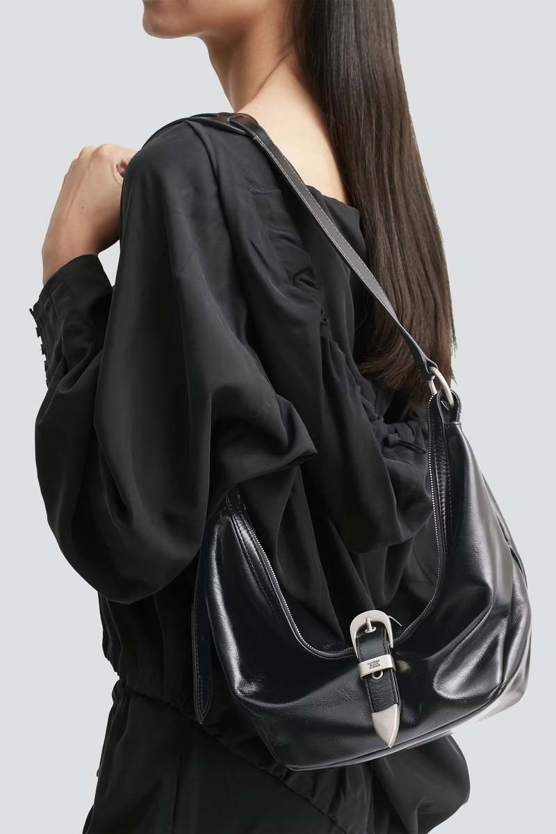 Marge Sherwood Black Glossy Plain Belted Medium Hobo Bag
