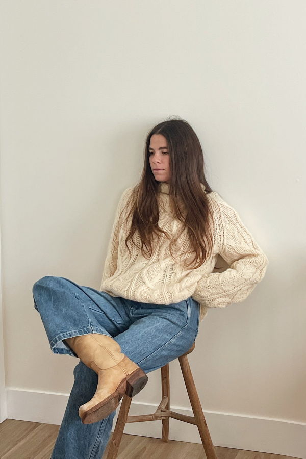 Handknit Fisherman Turtleneck Sweater - Cream