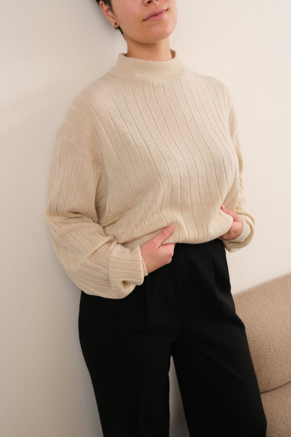 Hermine Vintage Oyster Wool Ribbed Mock Neck Sweater - Cream