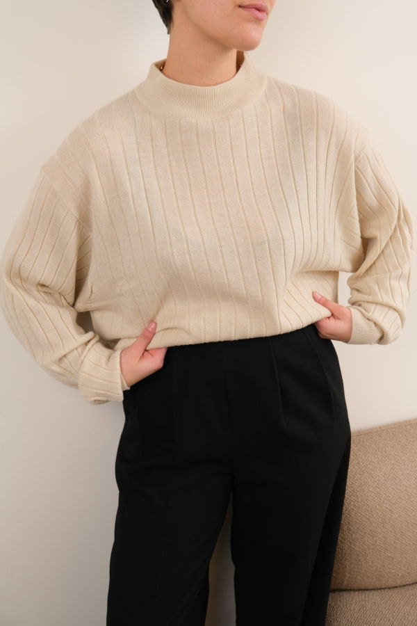 Hermine Vintage Oyster Wool Ribbed Mock Neck Sweater - Cream
