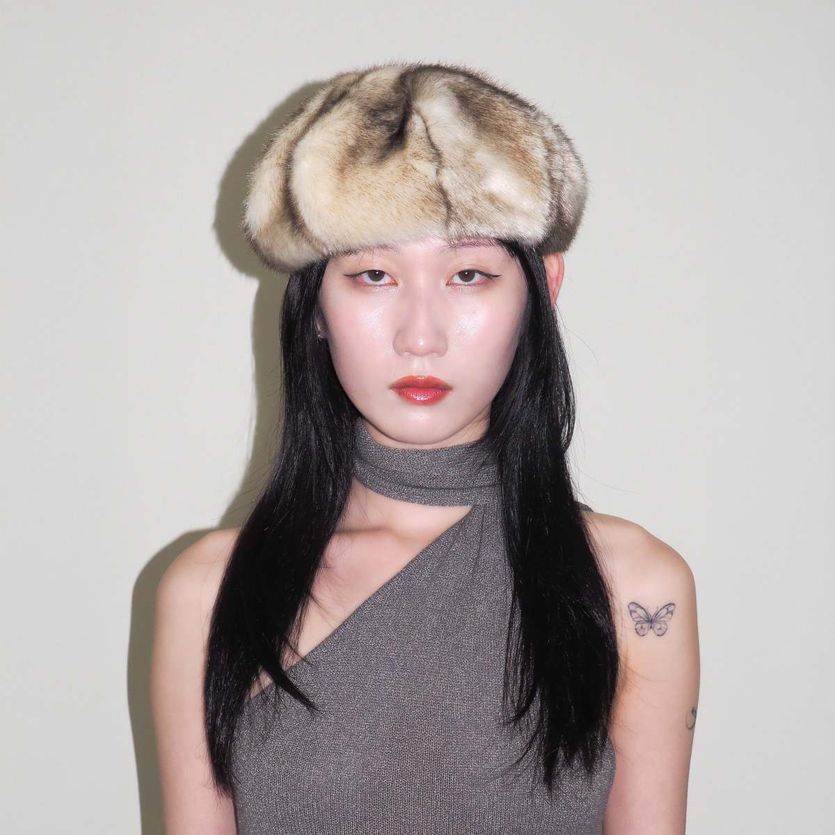 Clyde Faux Fur Beret - Cream Chinchilla - Image 1 of 2