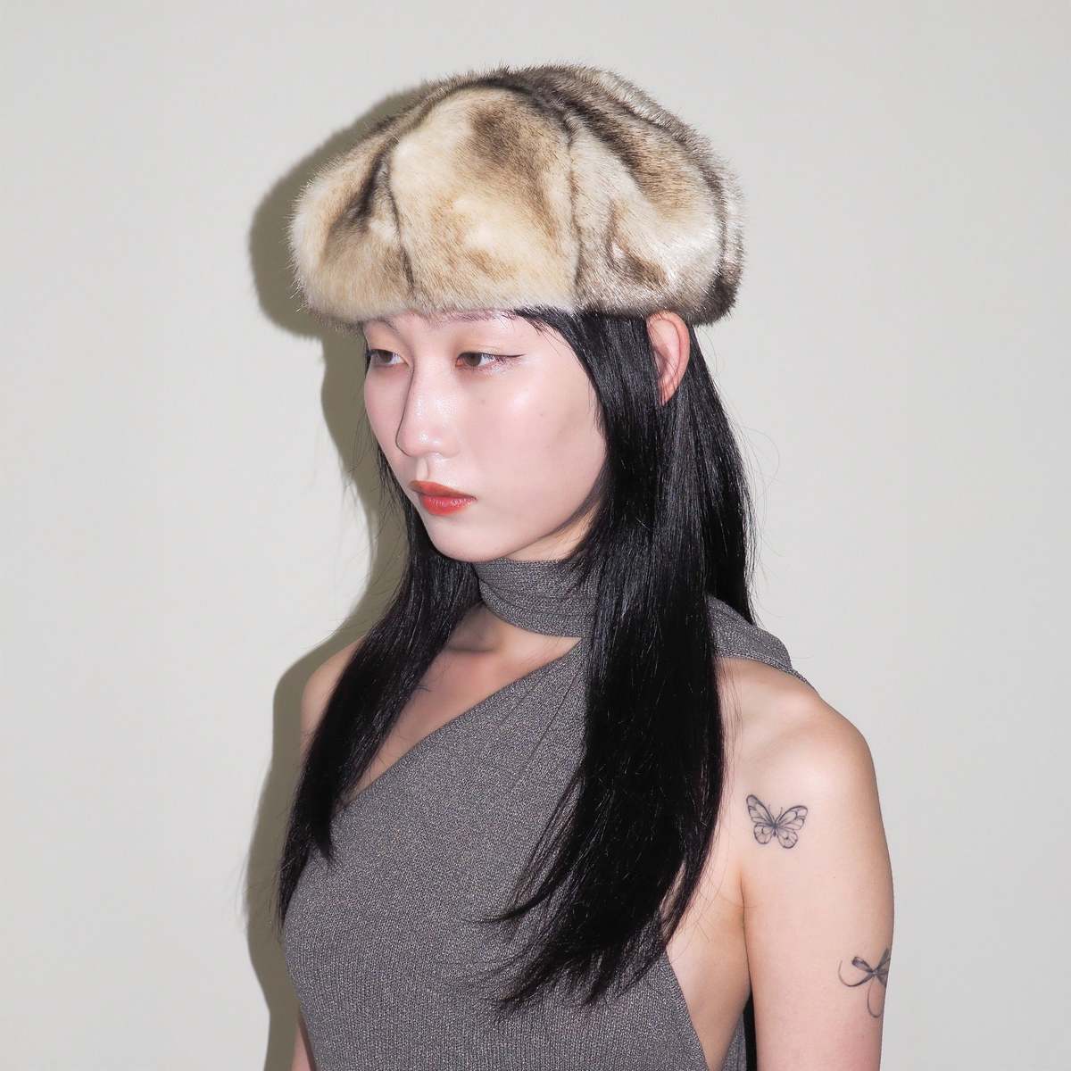 Clyde Faux Fur Beret - Cream Chinchilla - Image 2 of 2