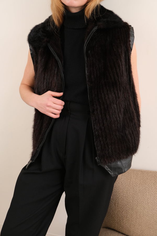 Vintage 70s Fur and Leather Zip Front Vest - Chocolate Brown