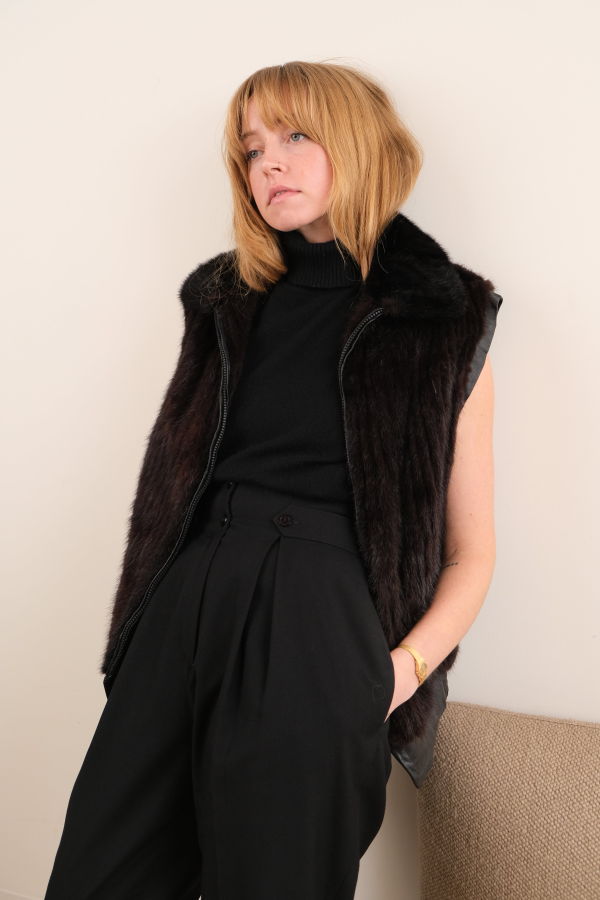 Vintage 70s Fur and Leather Zip Front Vest - Chocolate Brown