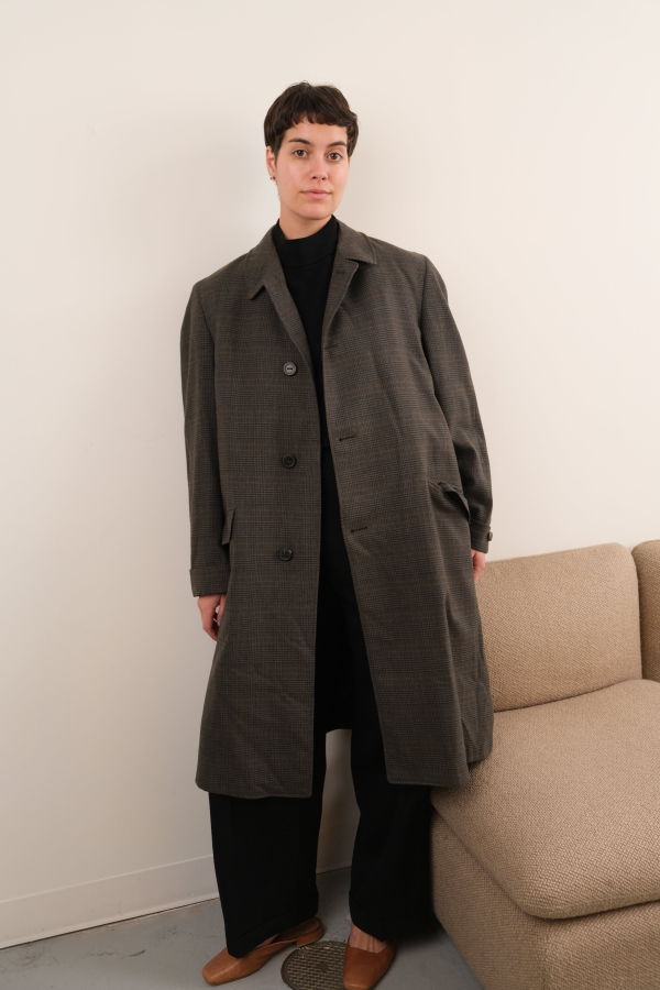 Hermine Vintage Charcoal Plaid Wool Longline Coat - Gray