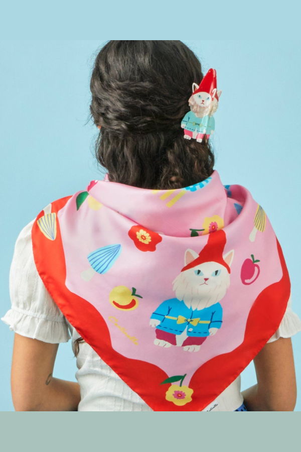 Centinelle Cat Garden Gnome Silk Large Square Scarf