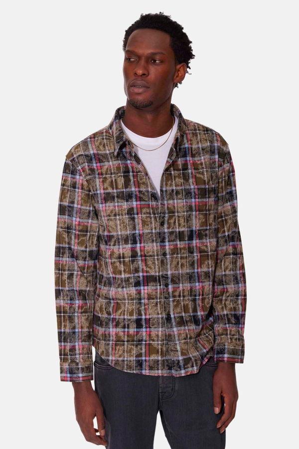 Blue&Cream Brandon Distressed Flannel - Dark Olive Plaid