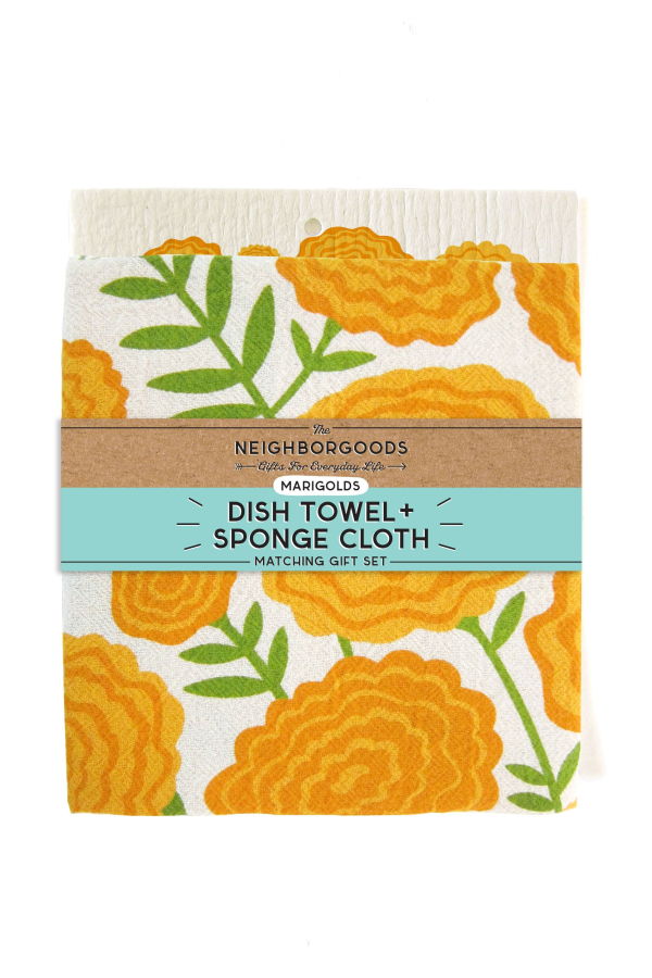 The Neighborgoods Marigolds Dish Towel + Sponge Cloth Gift Set