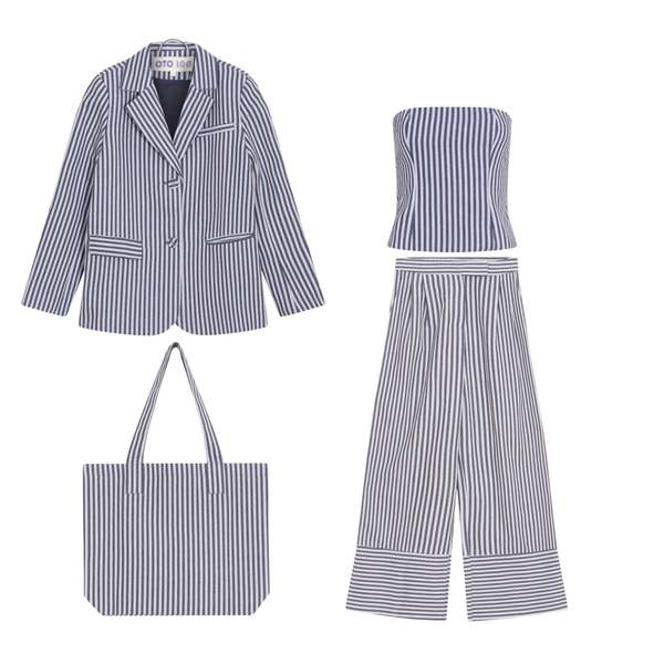 London Atelier Byproduct Blazer Trousers Corset and Tote Bag Four Piece Set - Blue/White Stripe