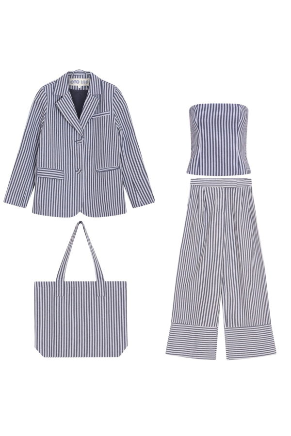 London Atelier Byproduct Blazer Trousers Corset and Tote Bag Four Piece Set - Blue/White Stripe
