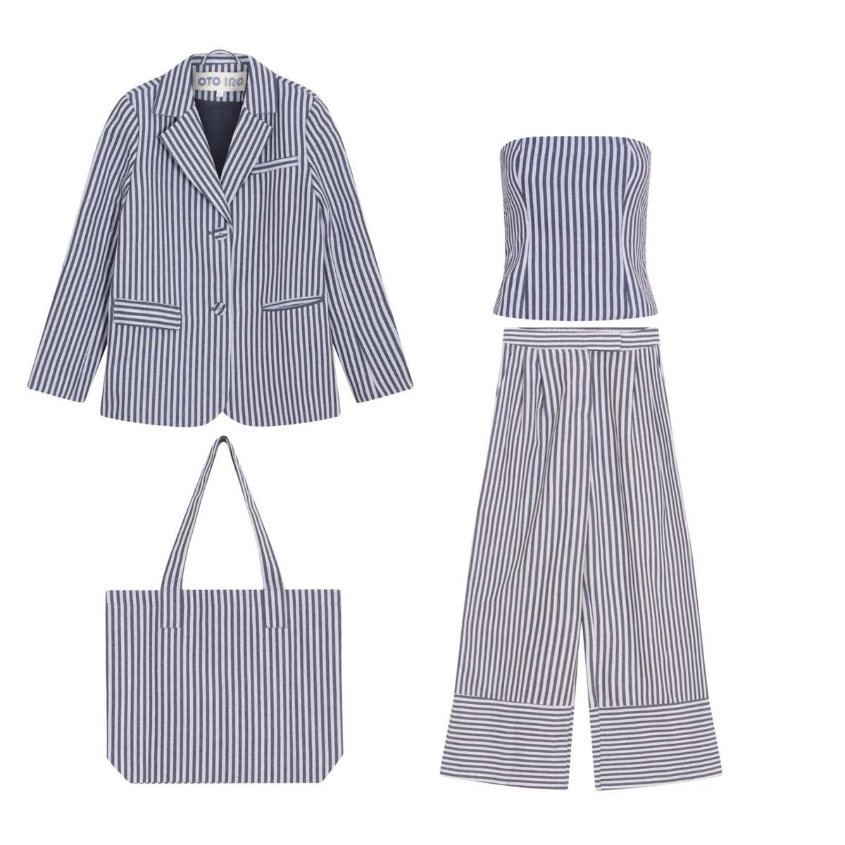 London Atelier Byproduct Blazer Trousers Corset and Tote Bag Four Piece Set - Blue/White Stripe - Image 1 of 11