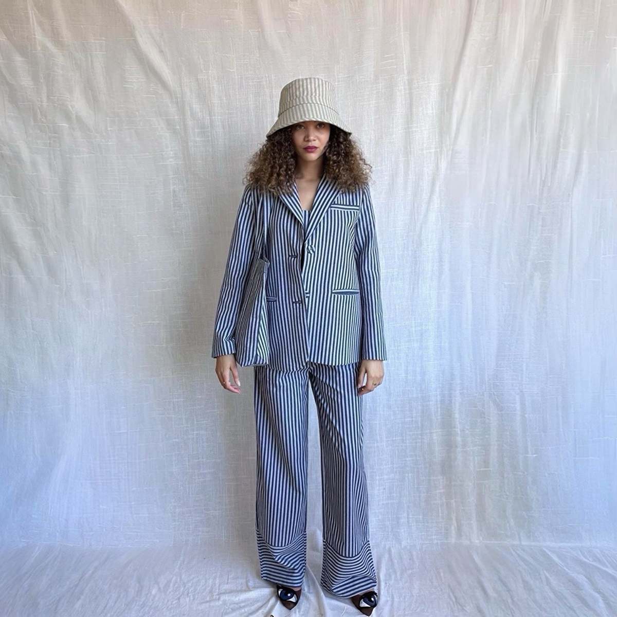 London Atelier Byproduct Blazer Trousers Corset and Tote Bag Four Piece Set - Blue/White Stripe - Image 4 of 11