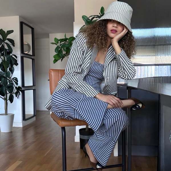 London Atelier Byproduct Blazer Trousers Corset and Tote Bag Four Piece Set - Blue/White Stripe