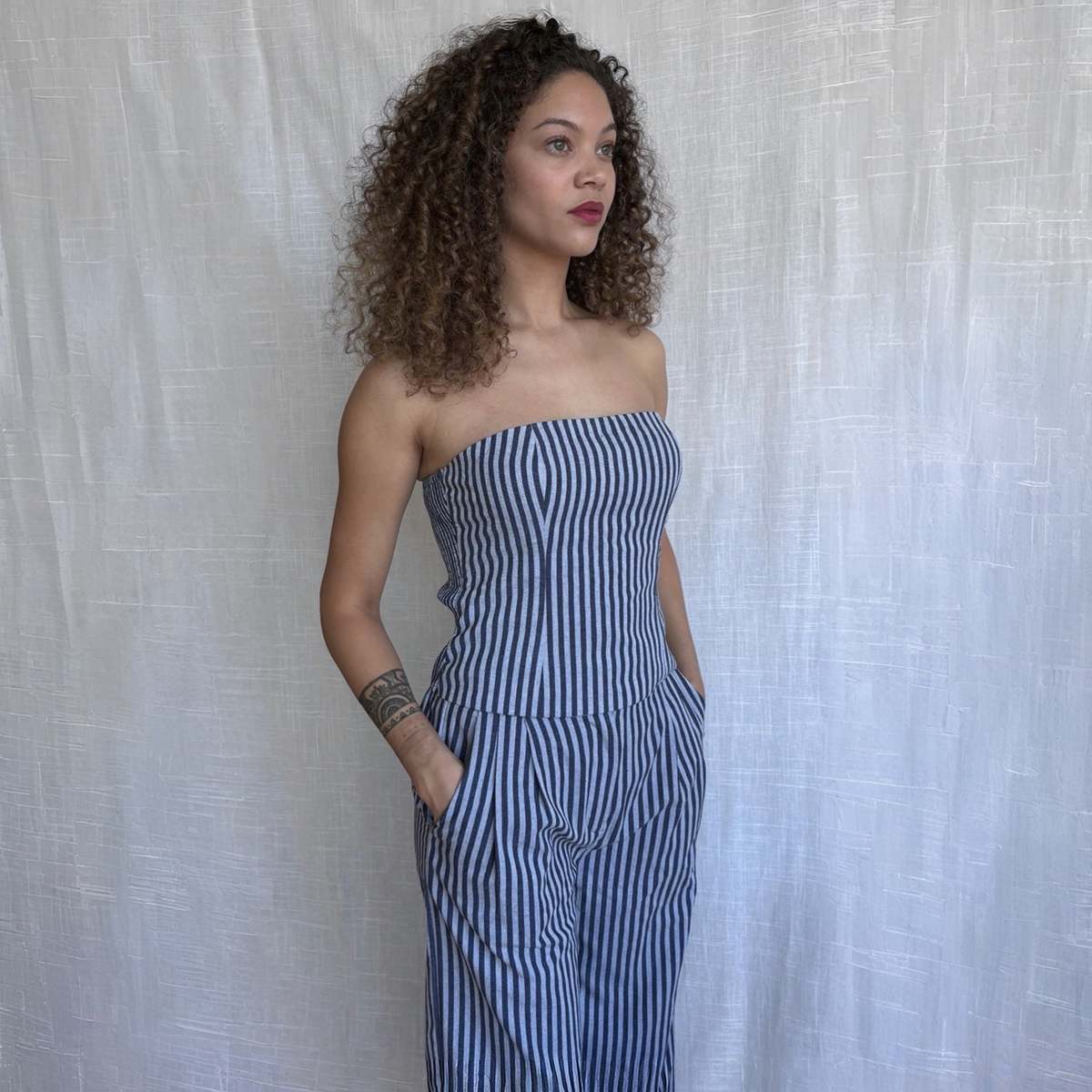 London Atelier Byproduct Blazer Trousers Corset and Tote Bag Four Piece Set - Blue/White Stripe - Image 6 of 11