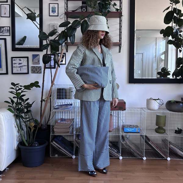 London Atelier Byproduct Blazer Trousers Corset and Tote Bag Four Piece Set - Blue/White Stripe