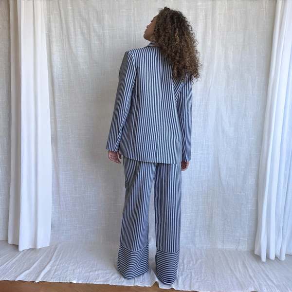 London Atelier Byproduct Blazer Trousers Corset and Tote Bag Four Piece Set - Blue/White Stripe