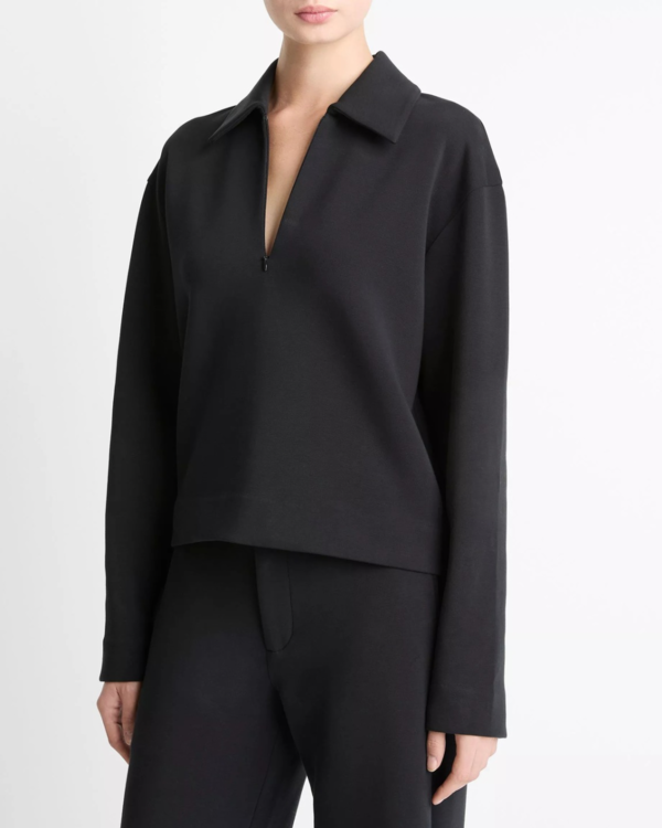 VINCE Long Sleeve Collared Half Zip Pullover - Black
