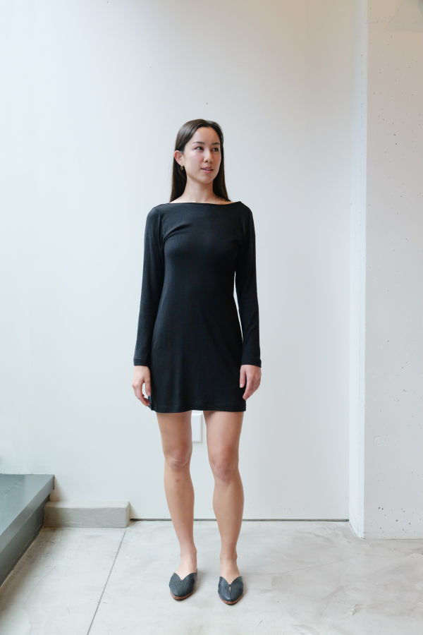 at Dawn. Silk LS Short Dress - Black