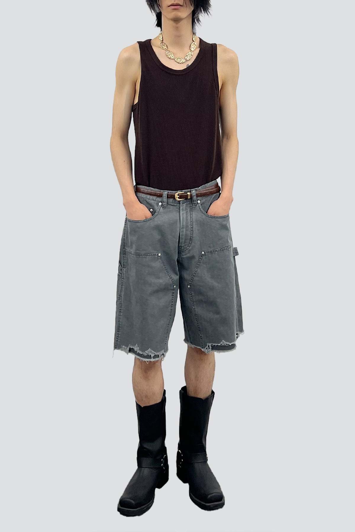 TONYWACK Faded Carbon Hand Distressed HBT Double Knee Shorts - Image 2 of 6