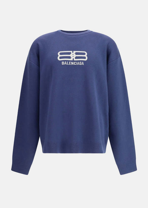 Balenciaga Navy Jacquard Crewneck Sweater - Navy/Grey