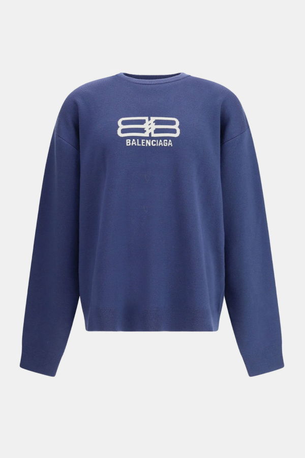 Balenciaga Navy Jacquard Crewneck Sweater - Navy/Grey