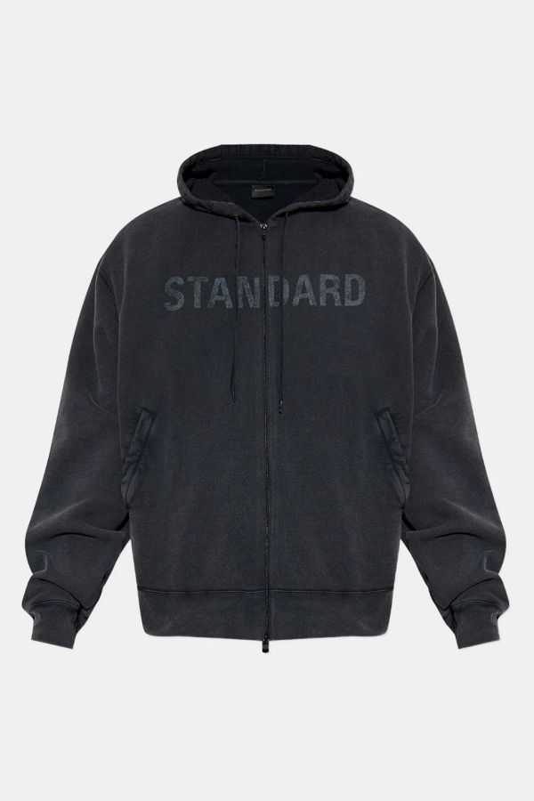 Balenciaga Washed Black Standard Oversized Zip Up Hoodie - Faded Washed Black