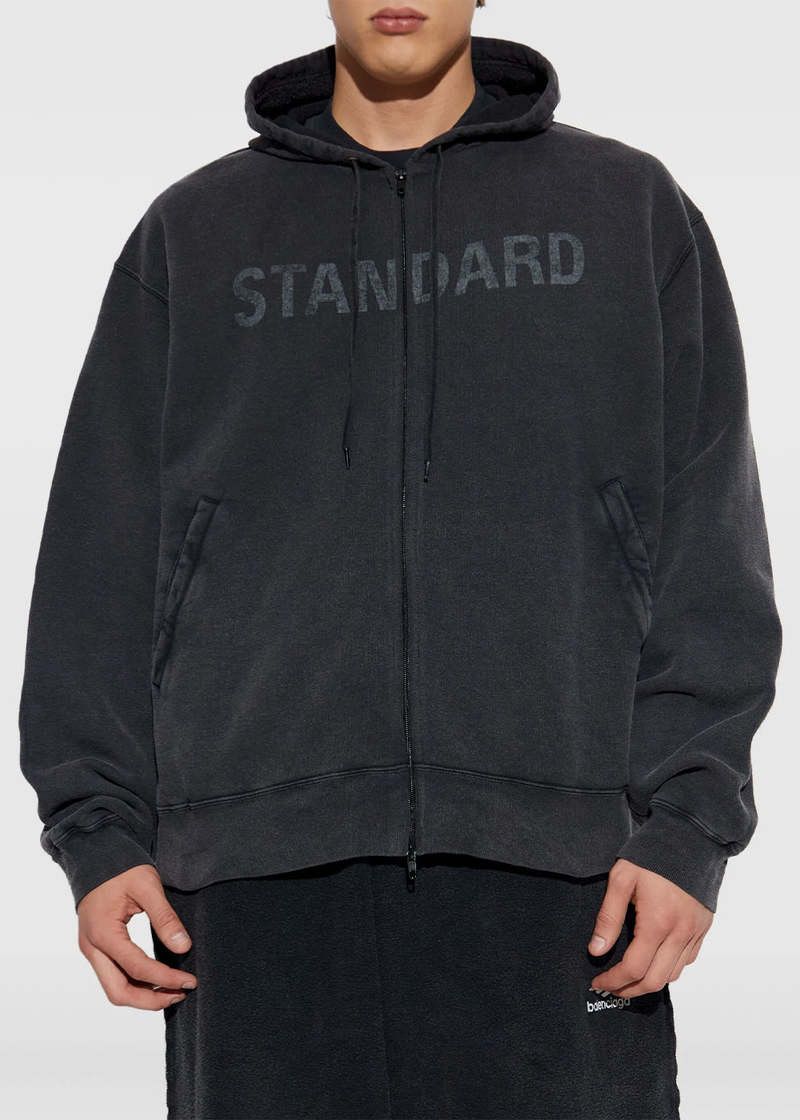 Balenciaga Washed Black Standard Oversized Zip Up Hoodie - Faded Washed Black
