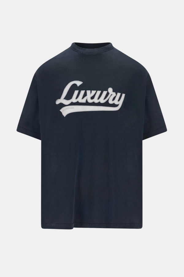 Balenciaga Washed Navy Luxury Script T-Shirt