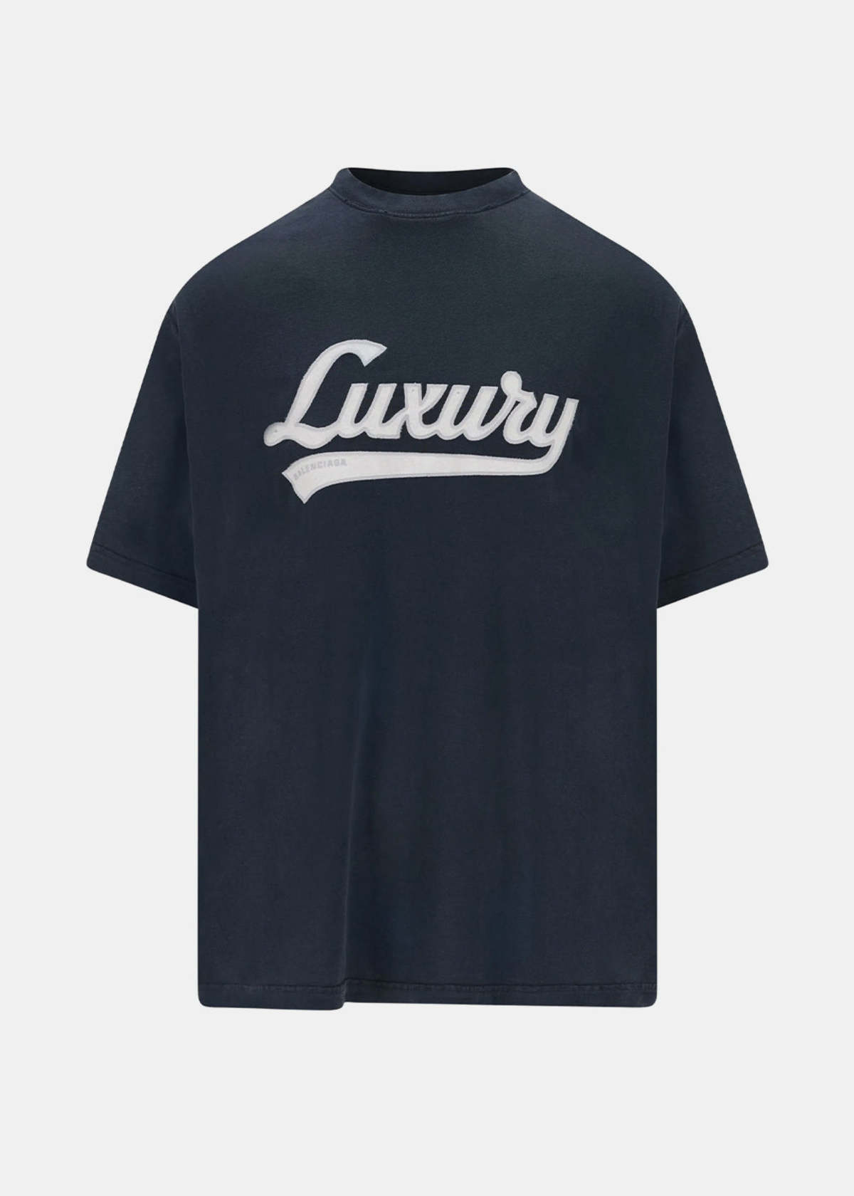 Balenciaga Washed Navy Luxury Script T-Shirt - Image 1 of 2
