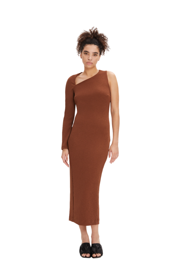 MONOSUIT One Sleeve Asymmetric Neck Bodycon Evening Minimalist Midi Dress - Brown