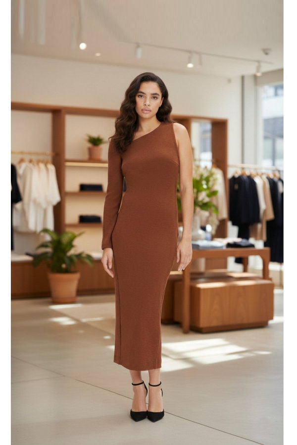 MONOSUIT One Sleeve Asymmetric Neck Bodycon Evening Minimalist Midi Dress - Brown