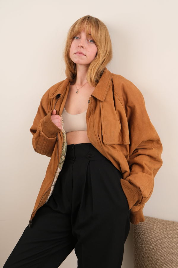 Vintage Suede Map Lined Cropped Bomber Jacket - Bronze