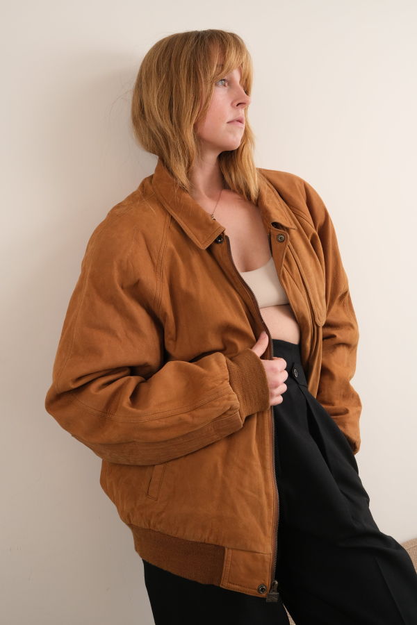 Vintage Suede Map Lined Cropped Bomber Jacket - Bronze