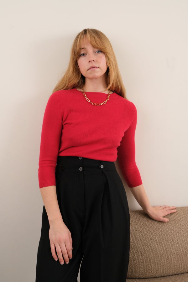 Hermine Vintage Strawberry Cashmere Three Quarter Sleeve Sweater - Red