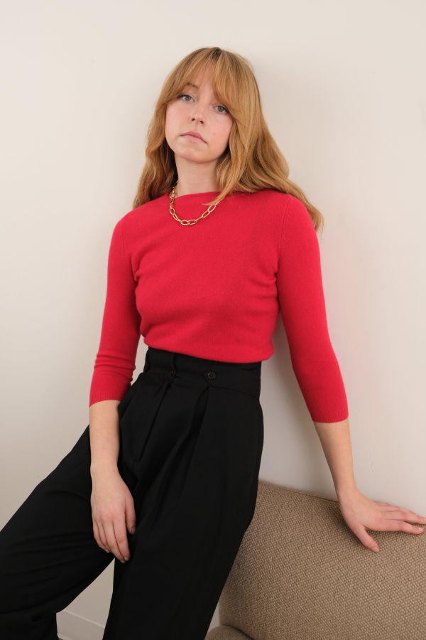 Hermine Vintage Strawberry Cashmere Three Quarter Sleeve Sweater - Red