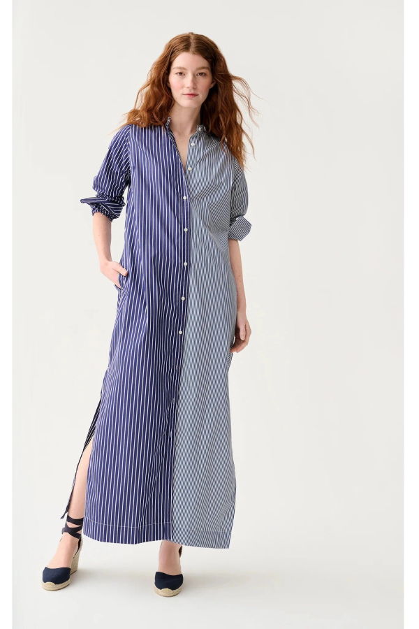 MASHBURN Mandarin Talitha Shirtdress Dress - Navy/White Mixed Stripe Poplin