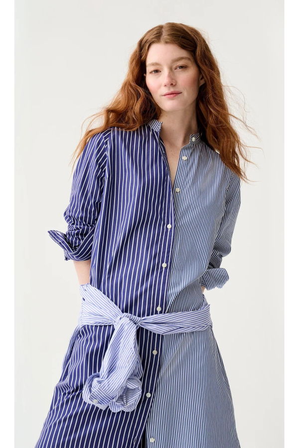 MASHBURN Mandarin Talitha Shirtdress Dress - Navy/White Mixed Stripe Poplin
