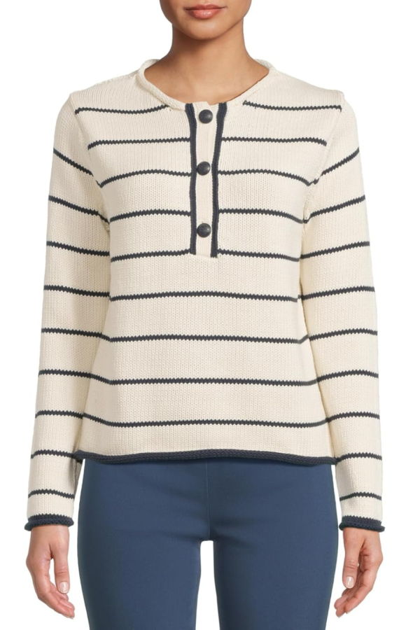 ELLIOTT LAUREN Striped Button Up Sweater - Navy/Cream
