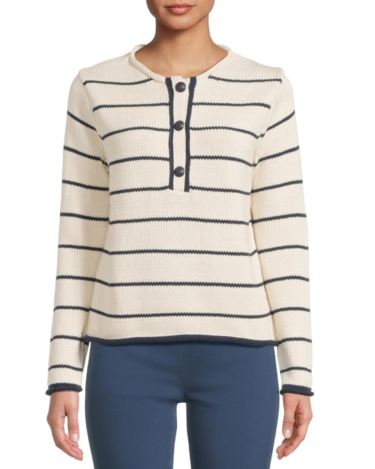 ELLIOTT LAUREN Striped Button Up Sweater - Navy/Cream - Image 1 of 2