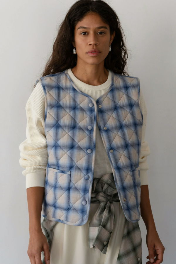 Donni. Quilted Plaid Flannel Vest - Blueberry