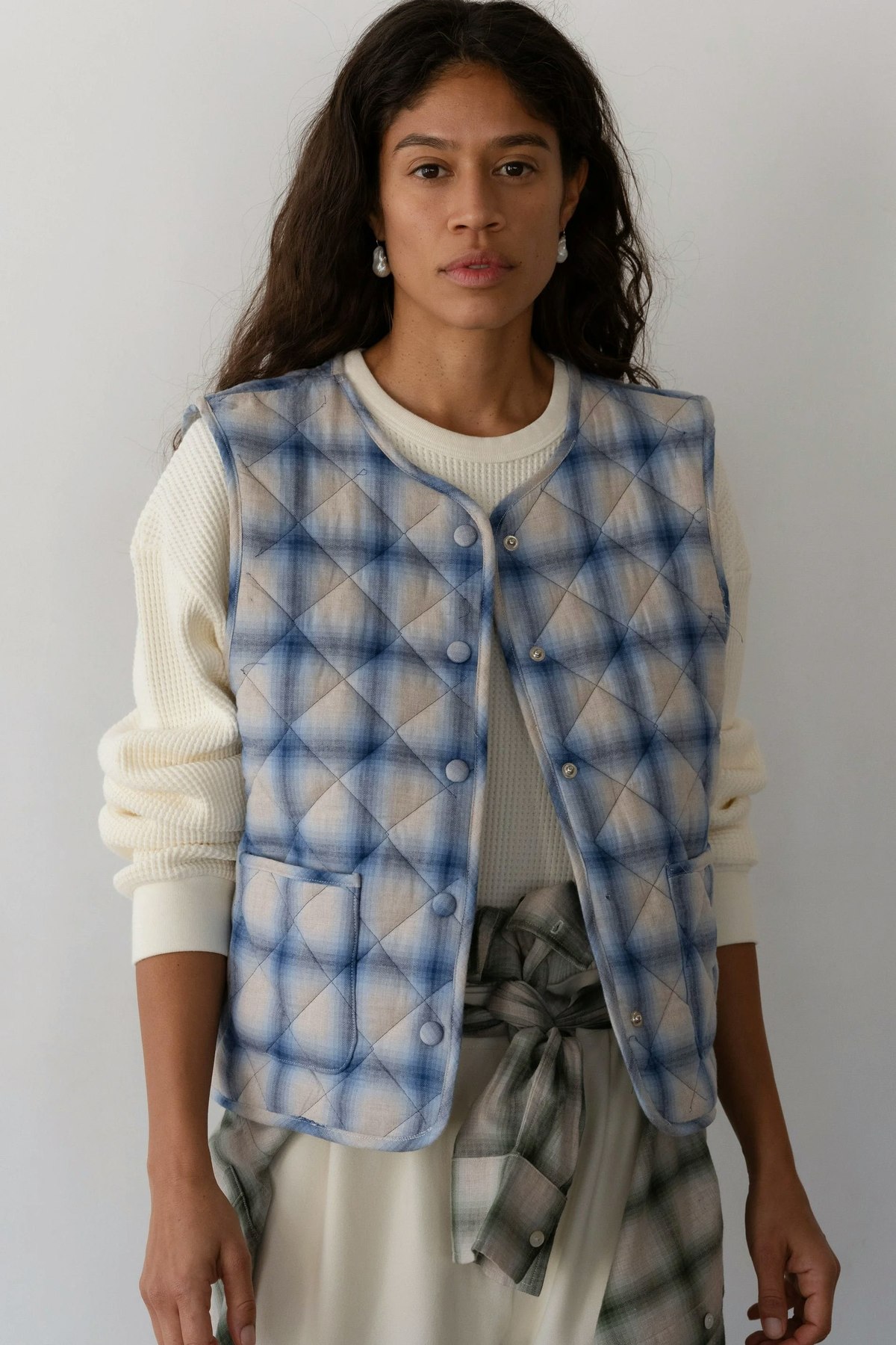 Donni. Quilted Plaid Flannel Vest - Blueberry - Image 1 of 5