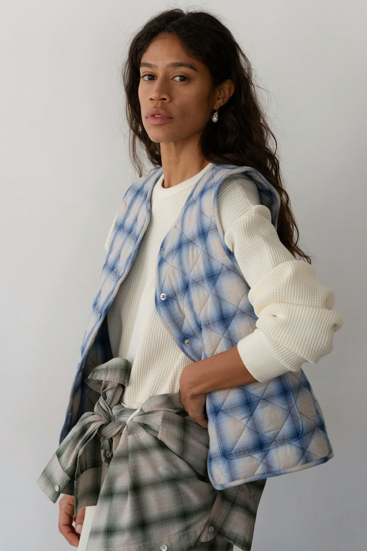Donni. Quilted Plaid Flannel Vest - Blueberry - Image 3 of 5