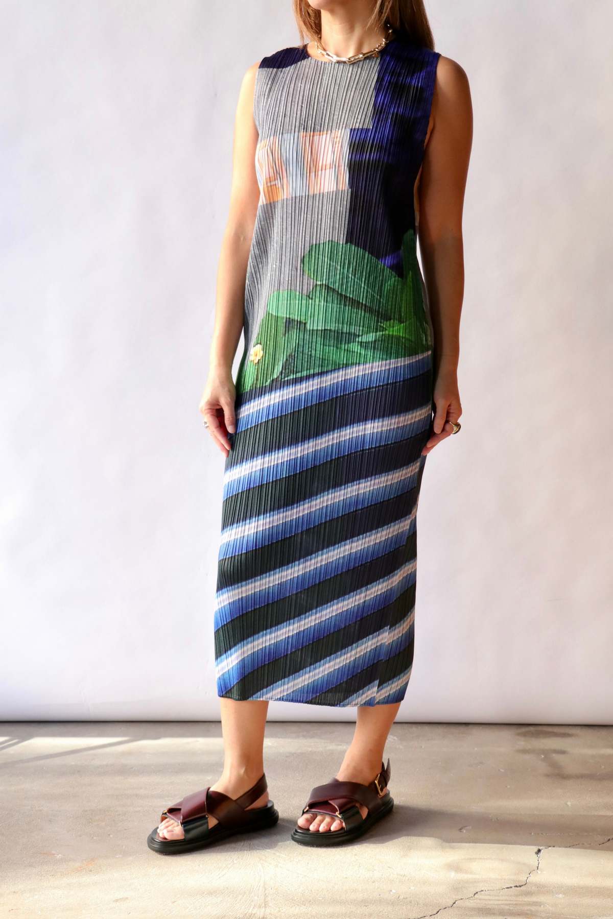 Pleats Please by Issey Miyake City Collage Dress - Blue/Yellow - Image 3 of 6